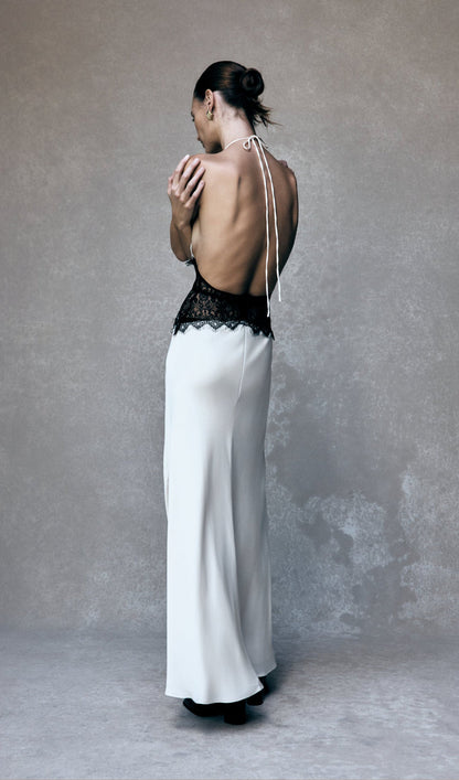 Lace And Satin Maxi Dress In White