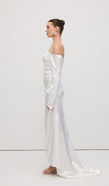 Satin Off Shoulder Ruched Maxi Dress