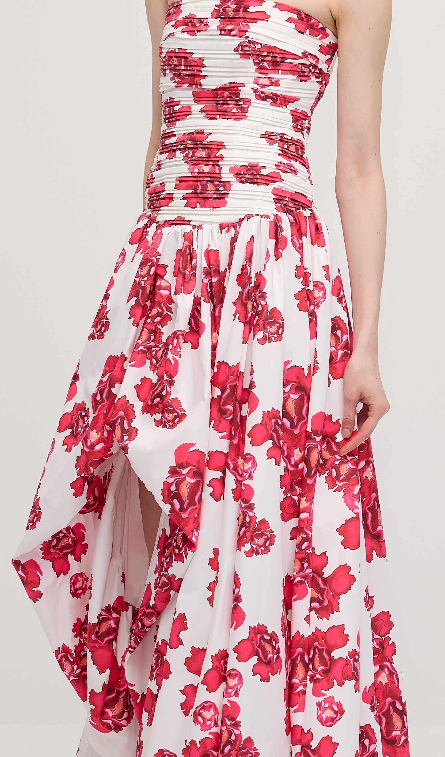 Sleeveless Ruched Draped Split Maxi Dress In Red Print