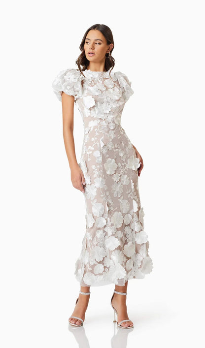 Floral 3D Lace Midi Dress In White