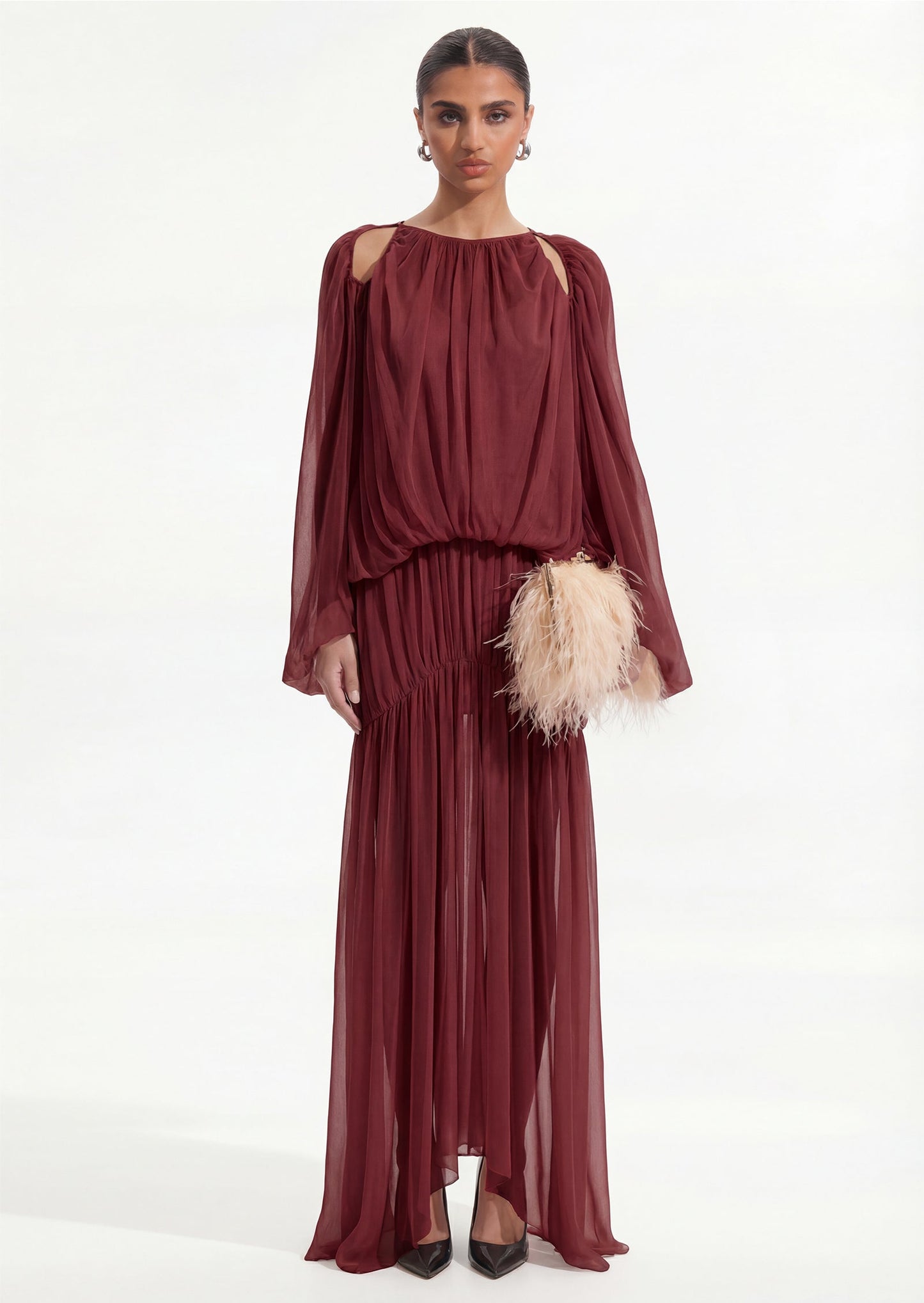 Voluminous Bubble Maxi Dress In Claret