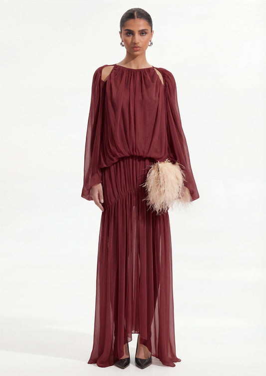 Voluminous Bubble Maxi Dress In Claret