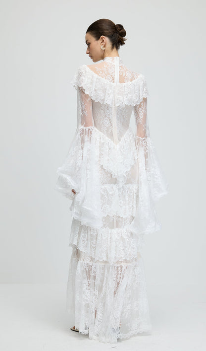 Floral Lace Ruffled Maxi Dress In White