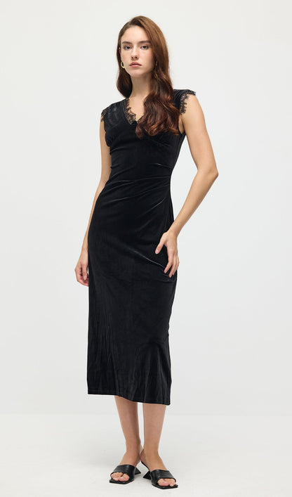 Lace Trimmed Velvet Midi Dress