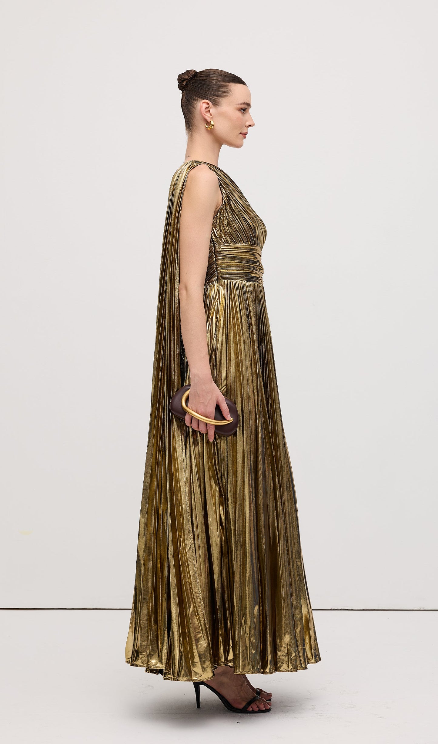Pleated Metallic One Shoulder Maxi Dress