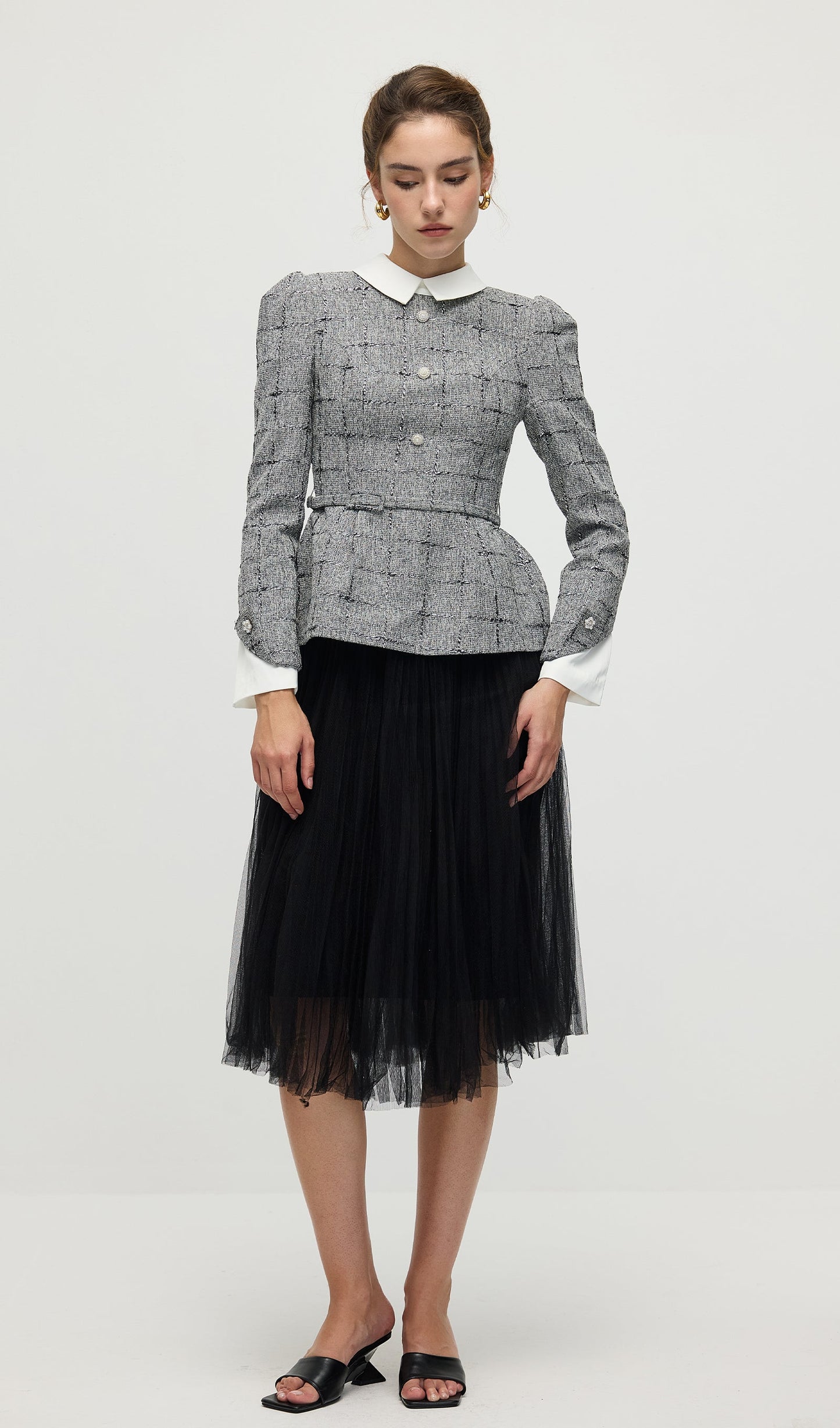 Peplum Tweed Top & Mesh Midi Skirt Set