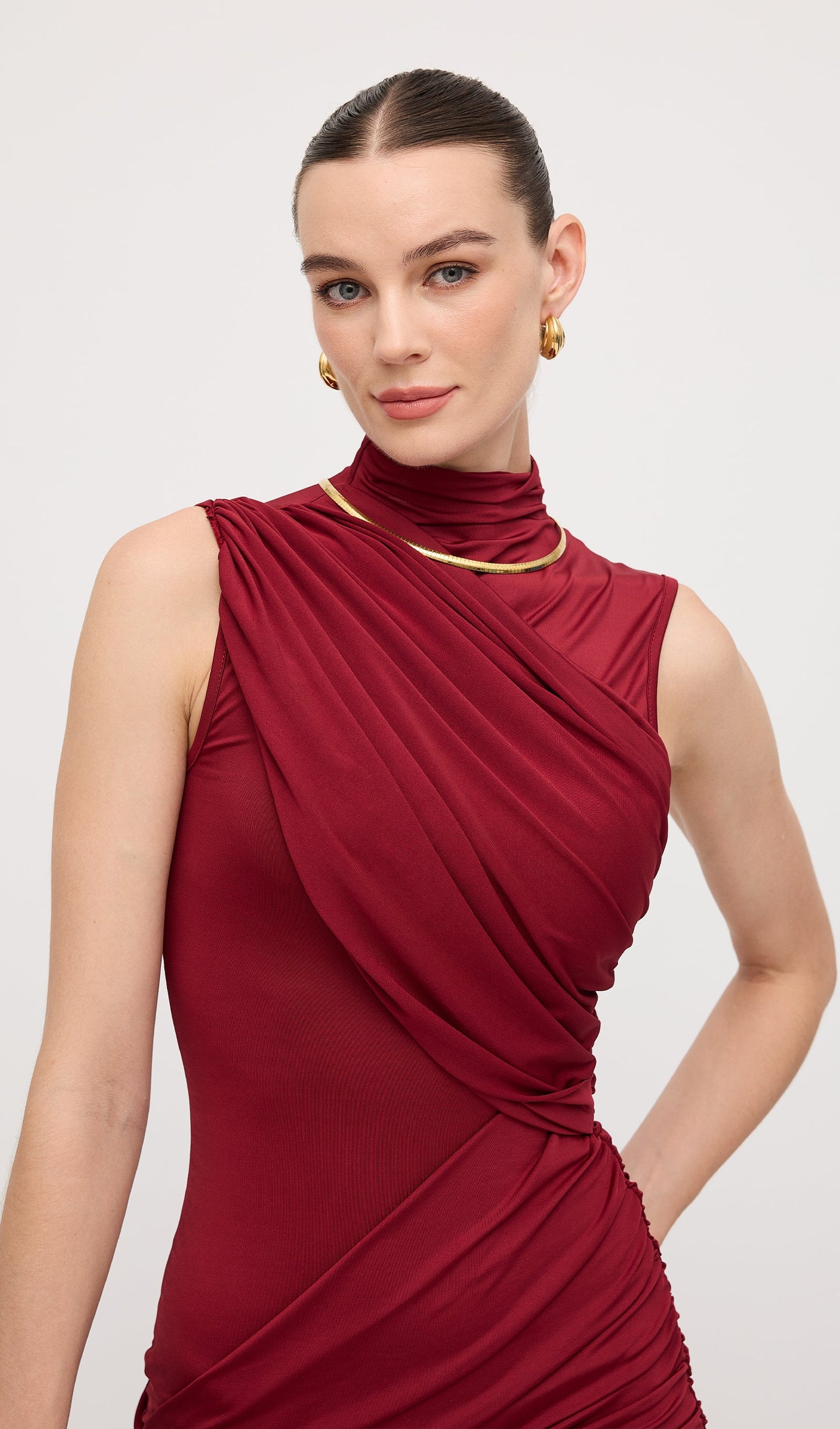 Asymmetrical Draping Mini Dress Claret
