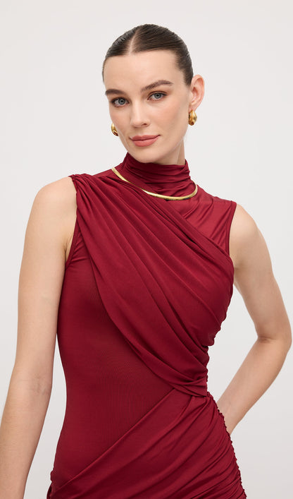 Asymmetrical Draping Mini Dress Claret