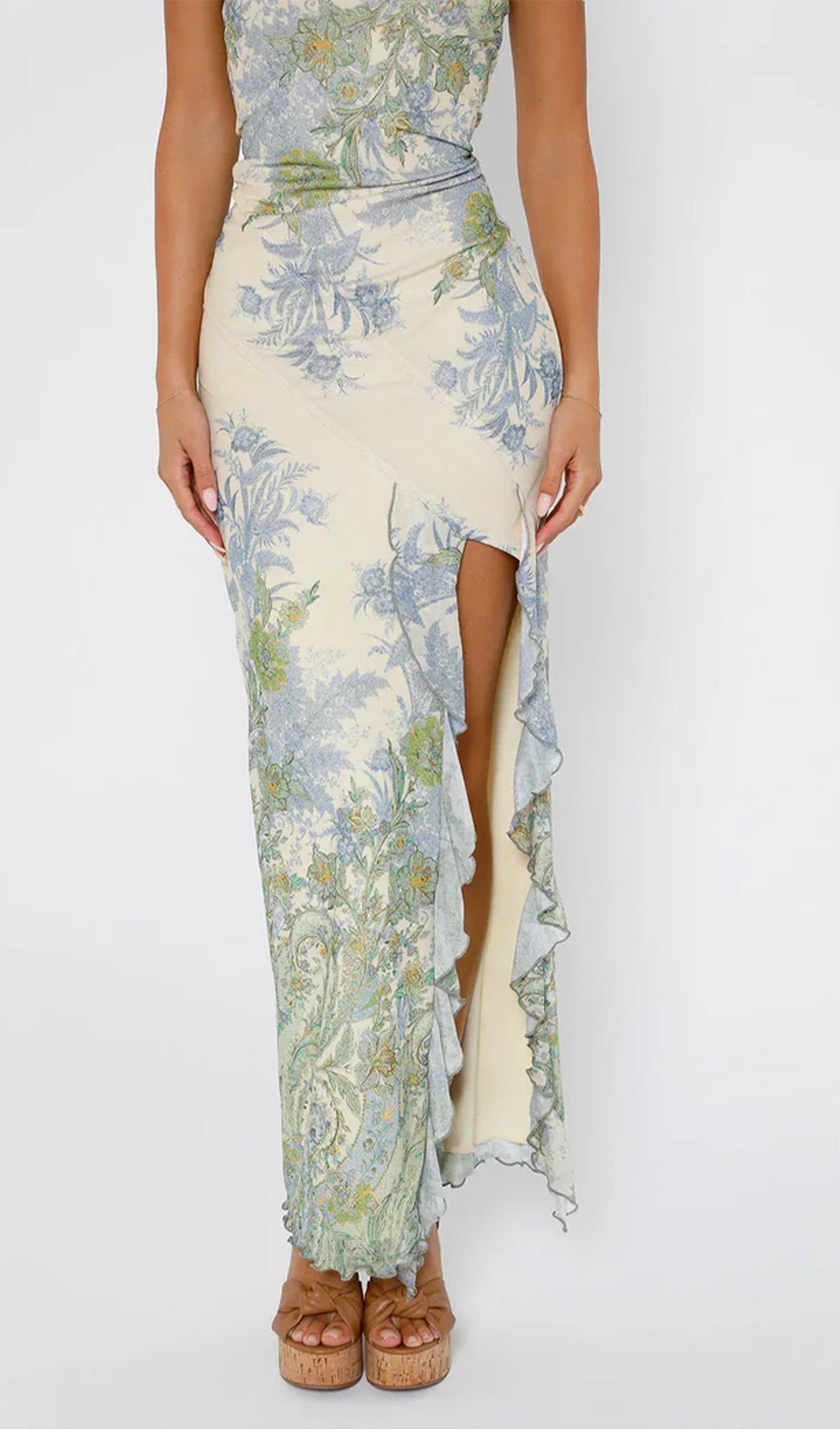 Printed Strapless Slit Midi Dress