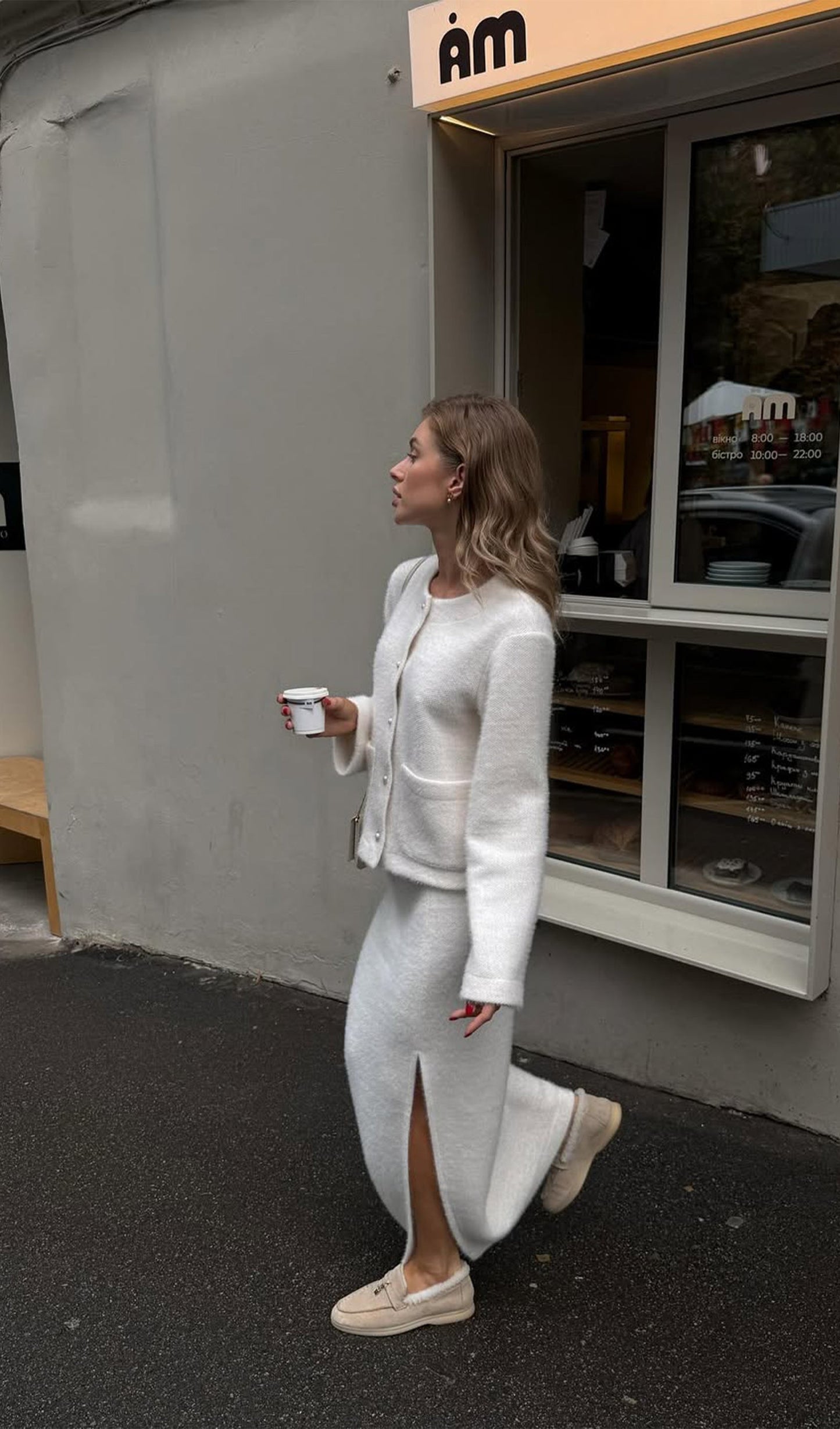 Long Sleeved Top And Slit Skirt Knit Set