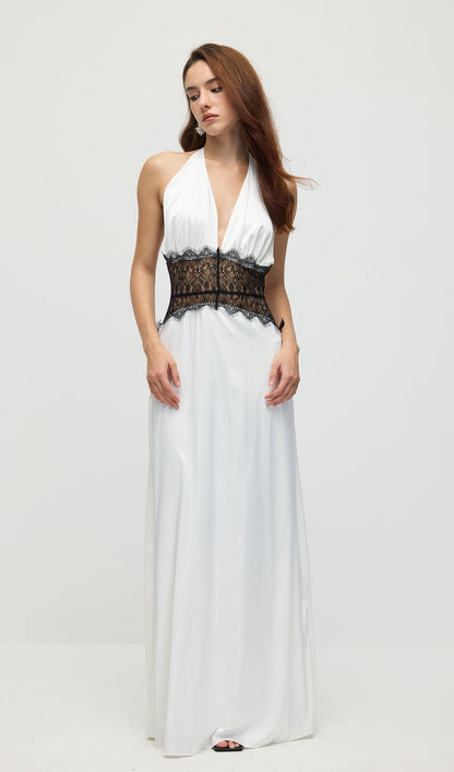 Lace And Satin Maxi Dress In White