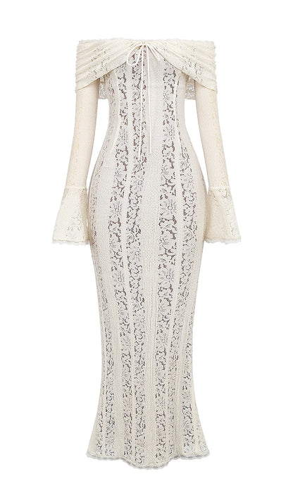 Vintage Floral Lace Off Shoulder Maxi Dress
