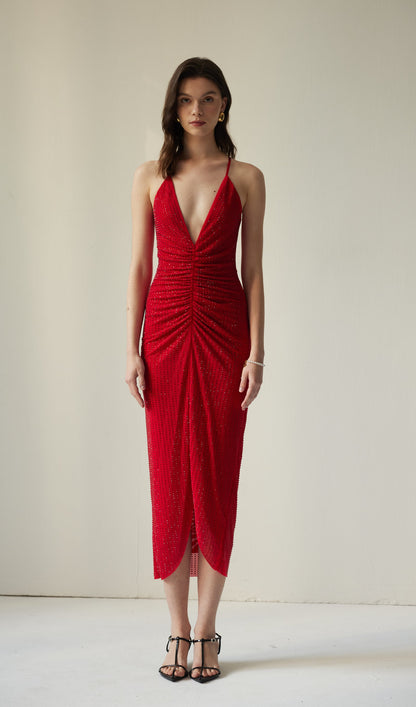 Diamante Ruched Midi Dress