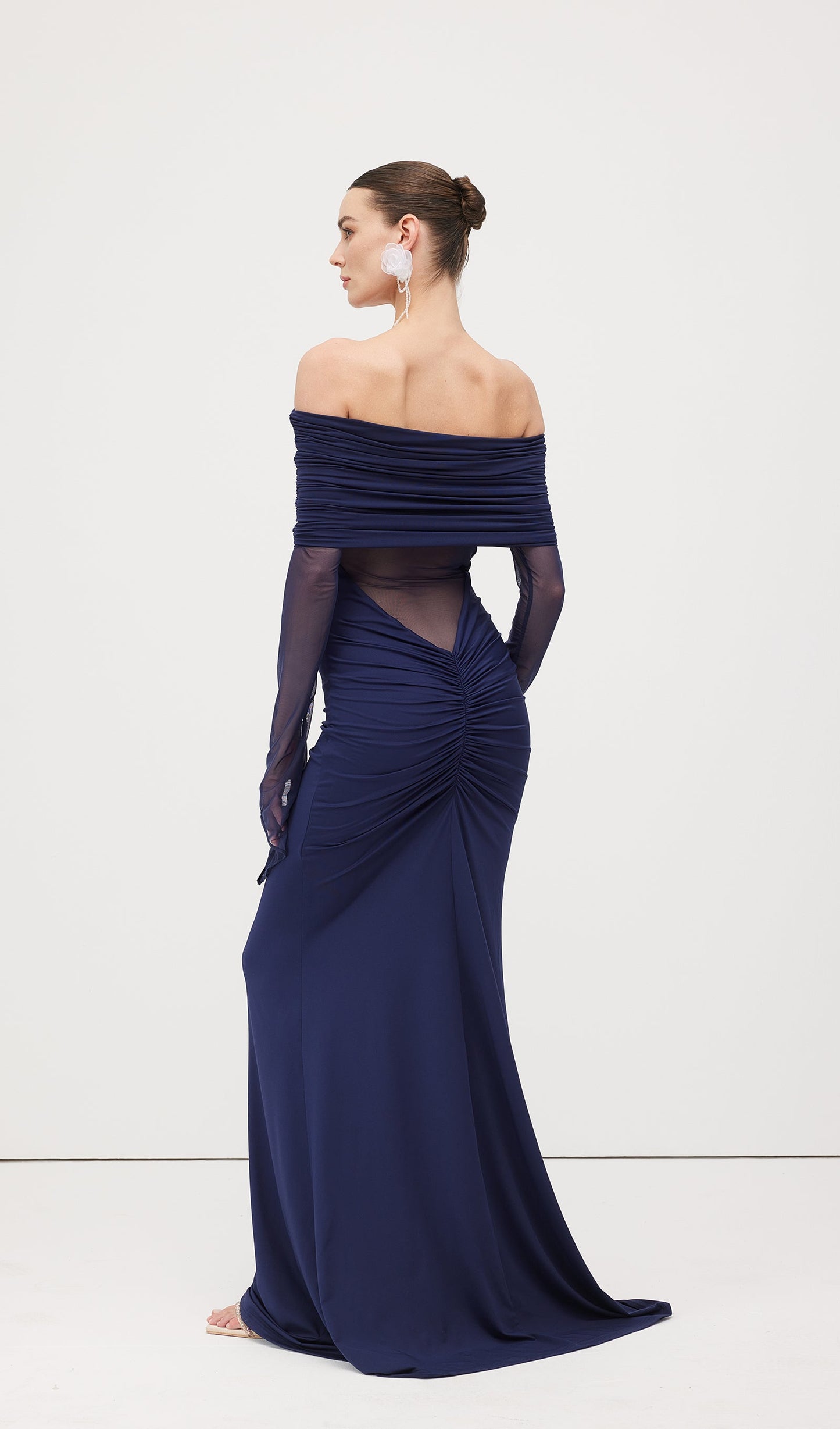 One Shoulder Slinky Ruched Maxi Dress-Blue