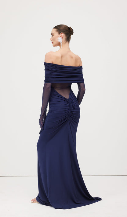 One Shoulder Slinky Ruched Maxi Dress-Blue