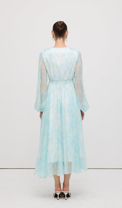 V Neck Ruched Waist Pleated Midi Dress
