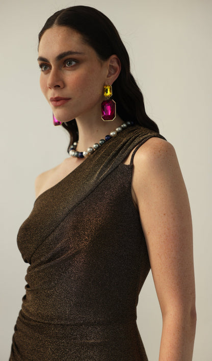 One-Shoulder Glitter Split Maxi Dress