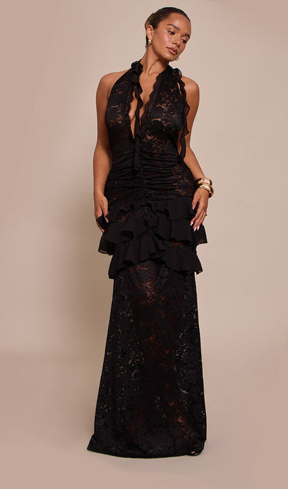 V Neck Ruffled Lace Maxi Dress