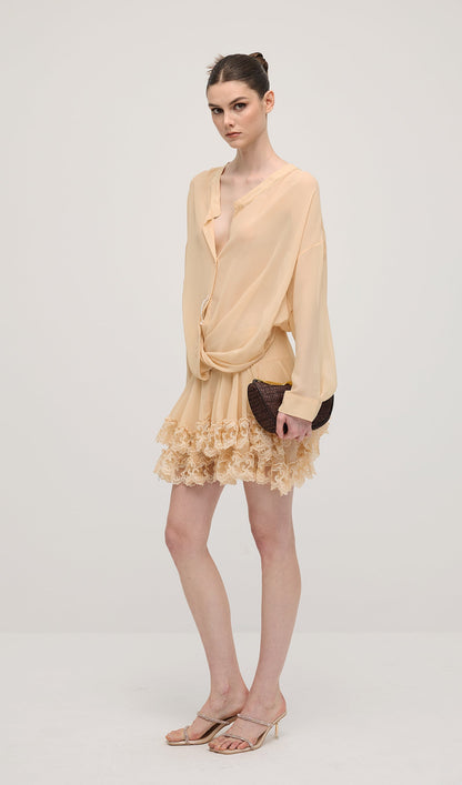 Long Sleeves Layered Folds Mini Dress