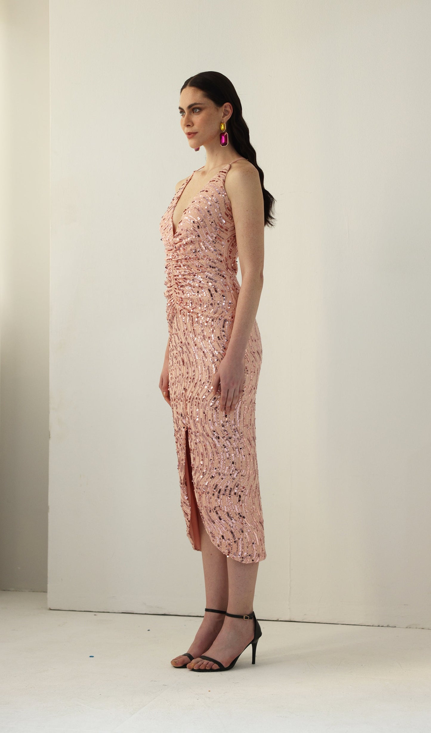 Diamante Ruched Midi Dress Pink
