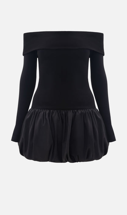 Open Shoulders Balloon Mini Dress-Black
