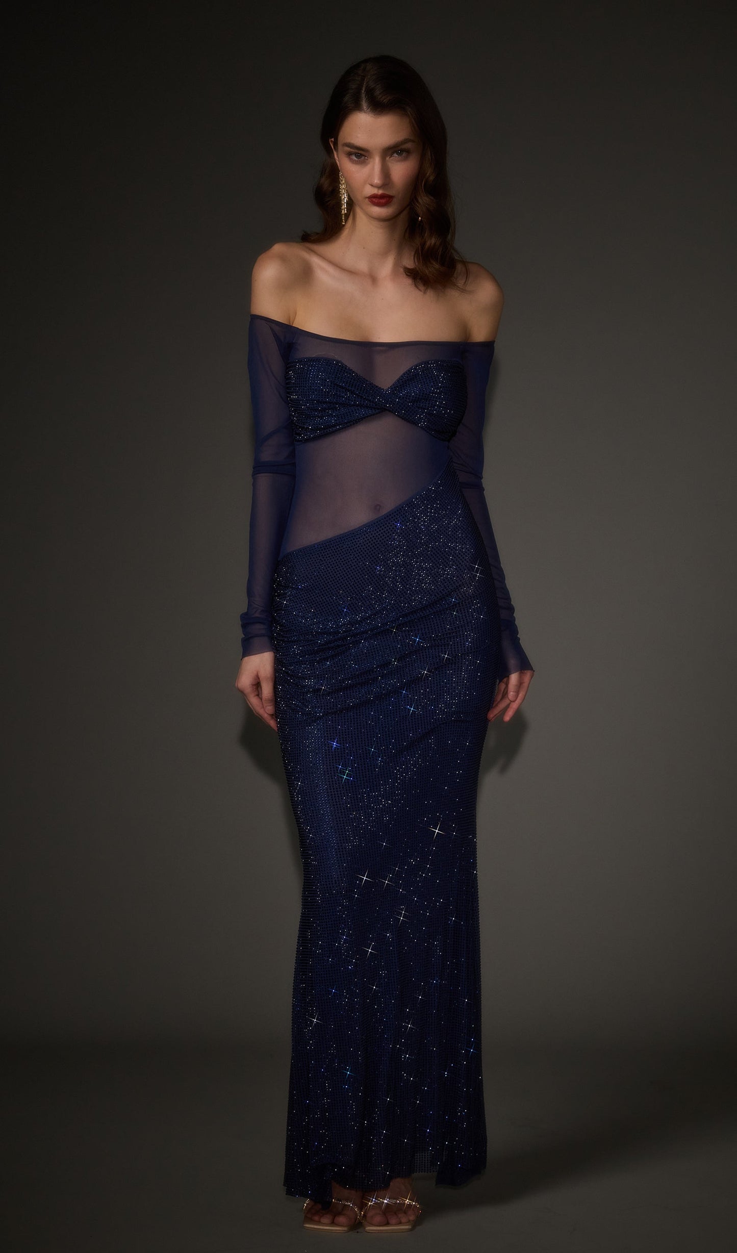 Diamante Off Shoulder Maxi Dress In Navy