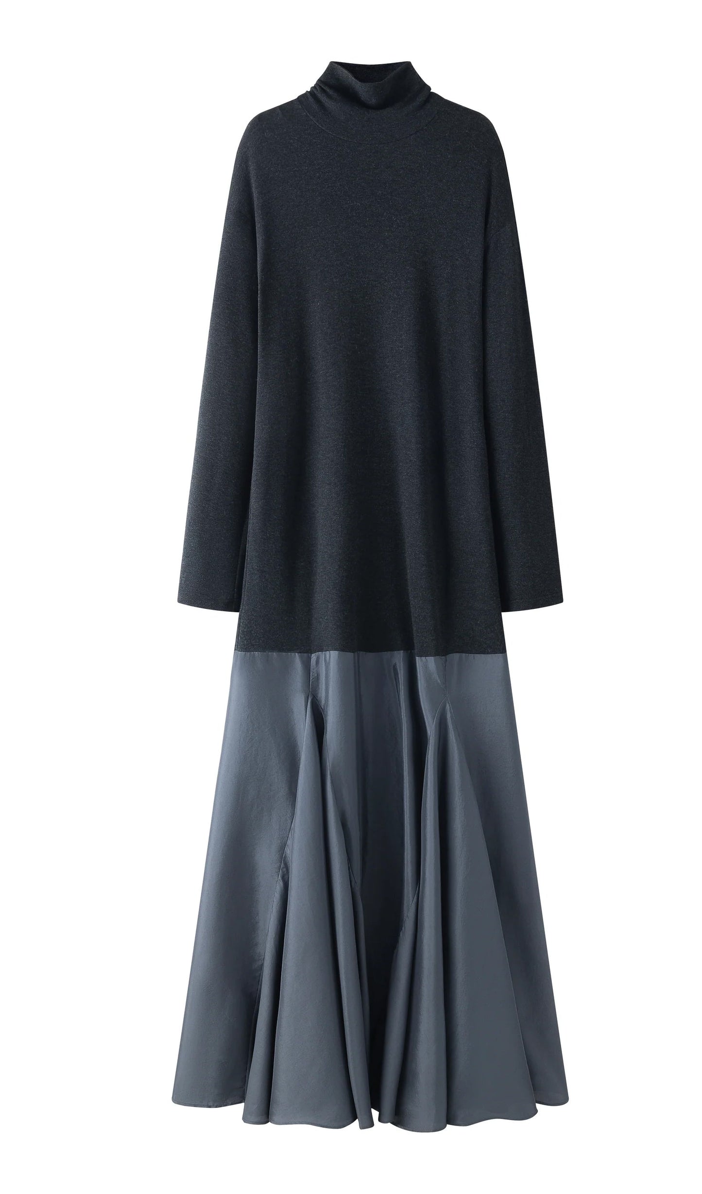 Turtleneck Long Sleeve Satin Maxi Dress In Black
