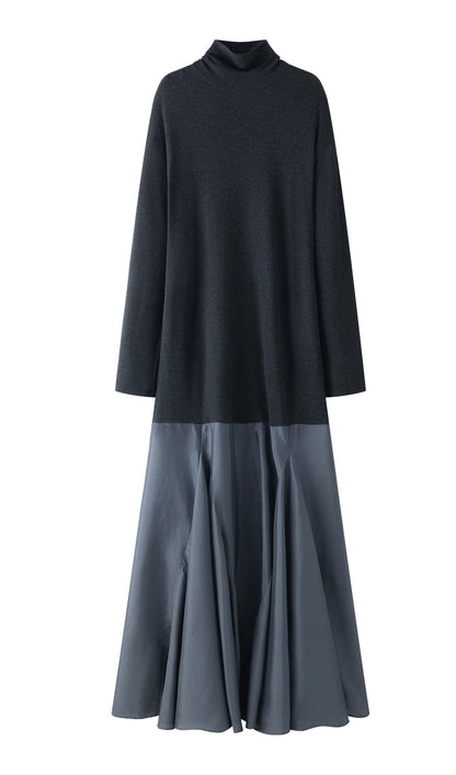 Turtleneck Long Sleeve Satin Maxi Dress In Black