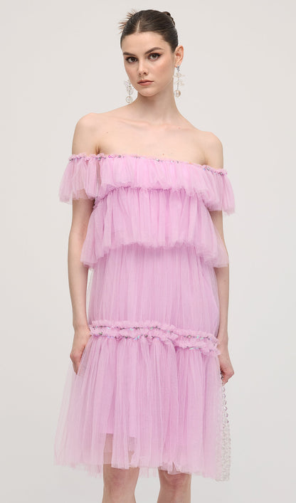 A Line Off Shoulder Layered Midi Dress