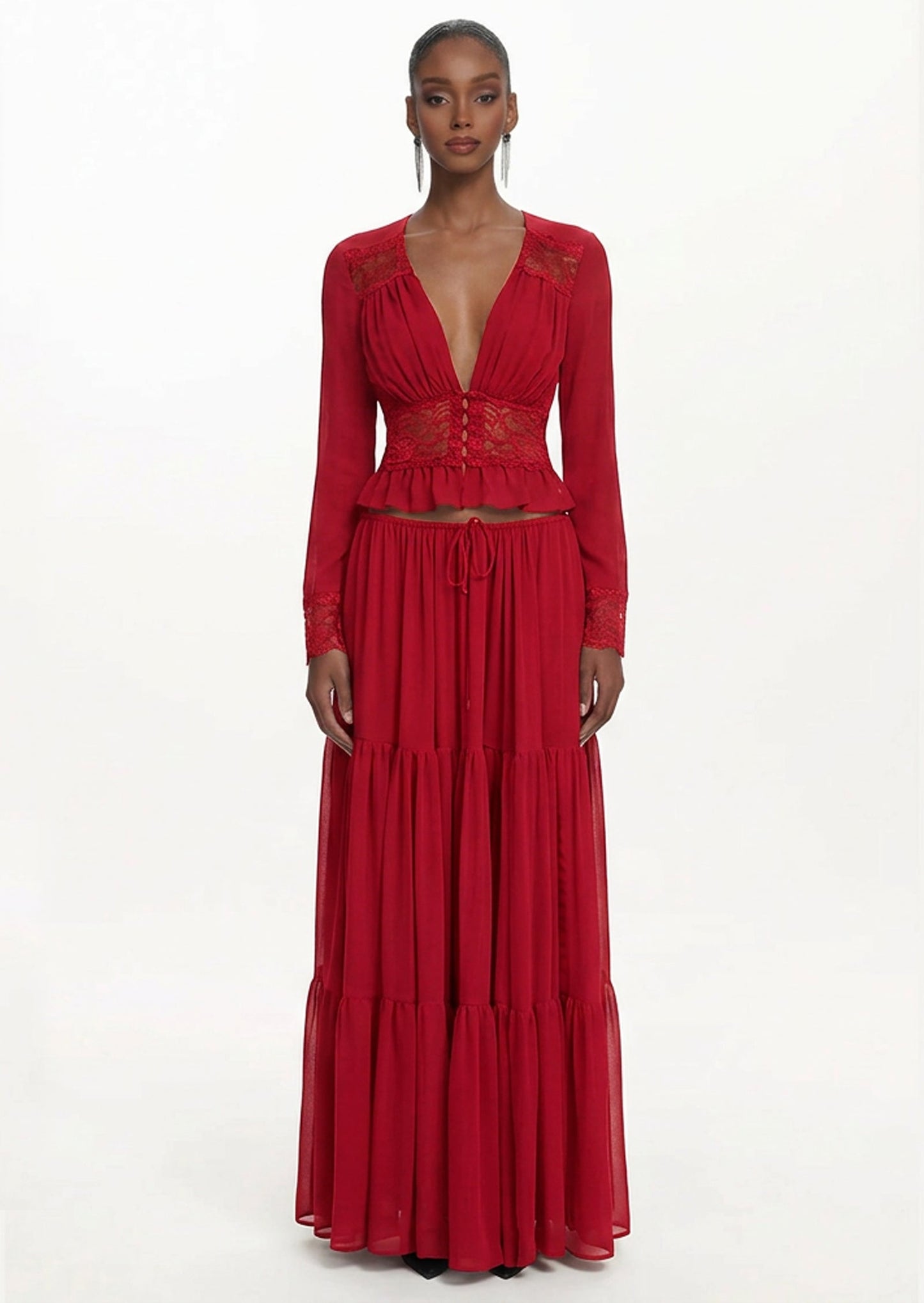 Alessandra V Neck Lace Top & Maxi Skirt Set