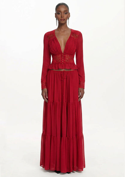 Alessandra V Neck Lace Top & Maxi Skirt Set