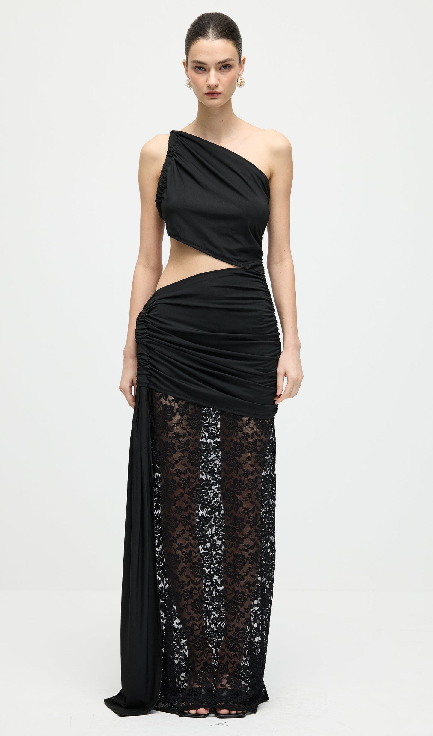Asymmetric Lace Cut Out Draped Maxi Dress