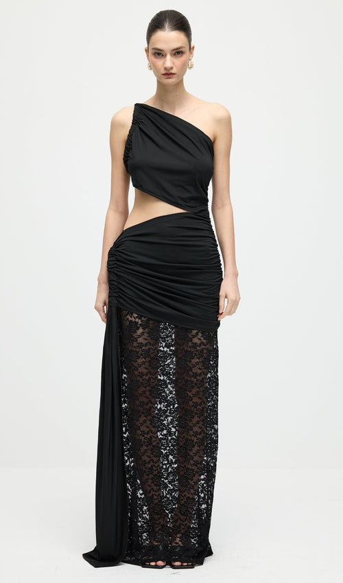 Asymmetric Lace Cut Out Draped Maxi Dress