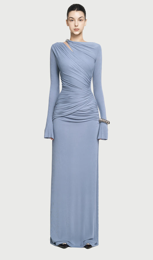 Asymmetrical Drapes Cut Out Maxi Dress In Blue