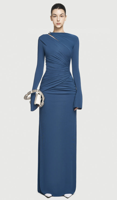 Asymmetrical Drapes Cut Out Maxi Dress In Navy