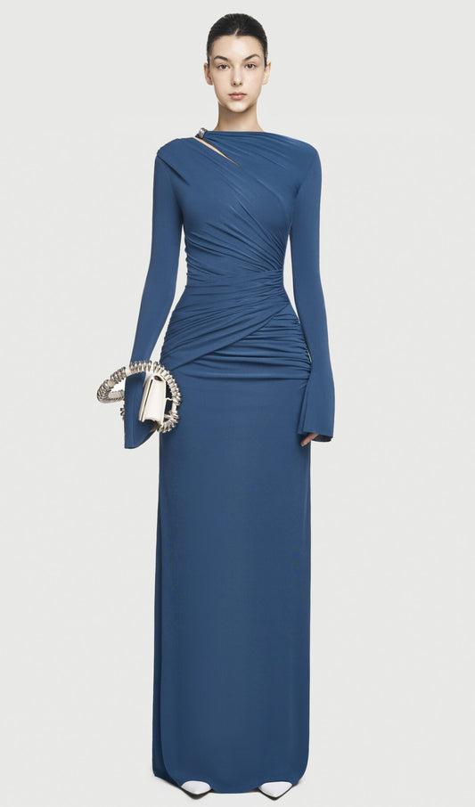 Asymmetrical Drapes Cut Out Maxi Dress In Navy