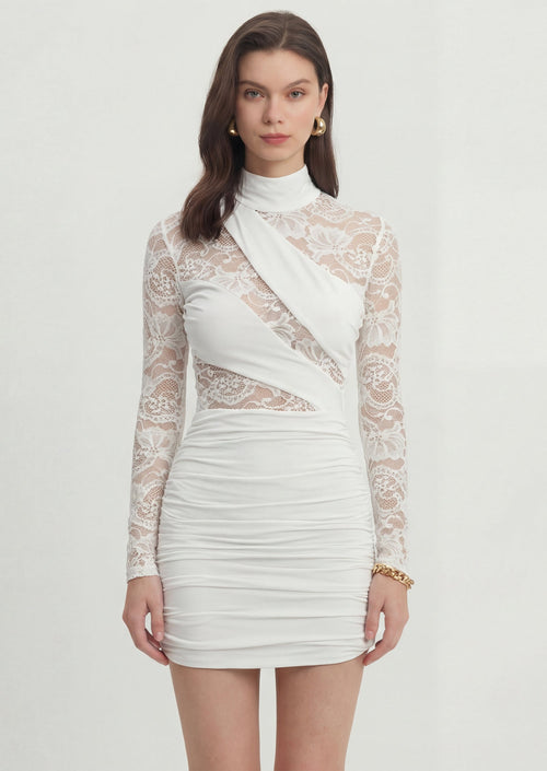 Asymmetrical Long Sleeve Lace Mini Dress In White