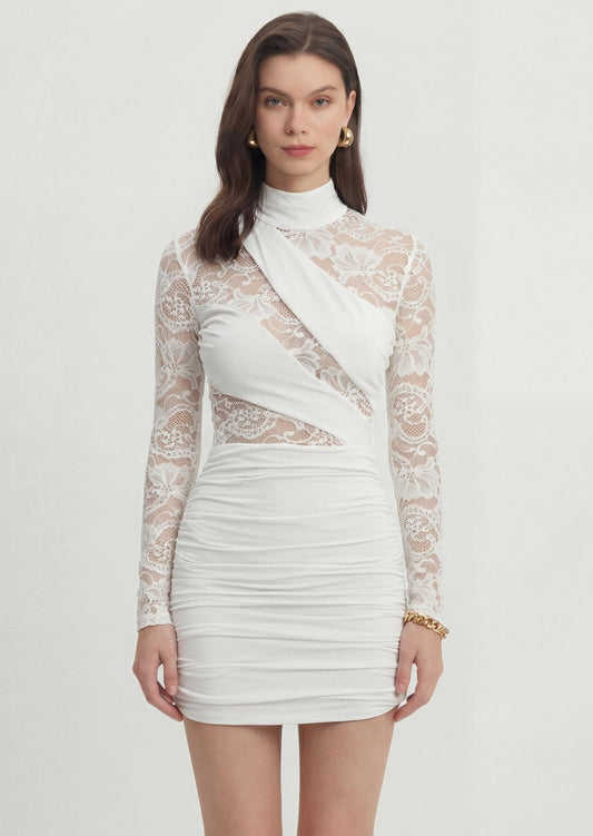 Asymmetrical Long Sleeve Lace Mini Dress In White