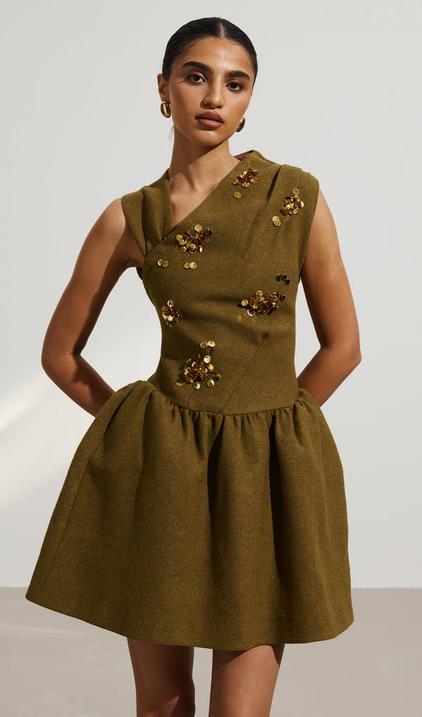 Asymmetrical Neck Embellished Mini Dress