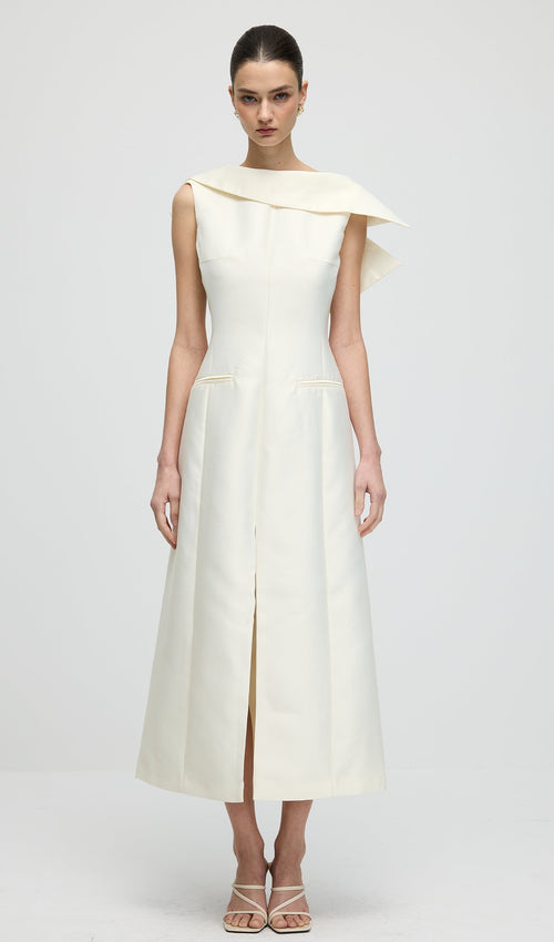 Asymmetrical Neckline Slit Midi Dress