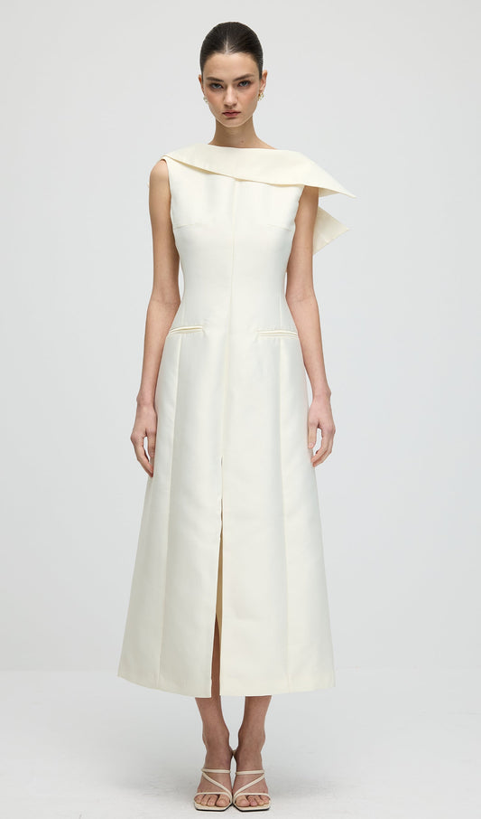 Asymmetrical Neckline Slit Midi Dress
