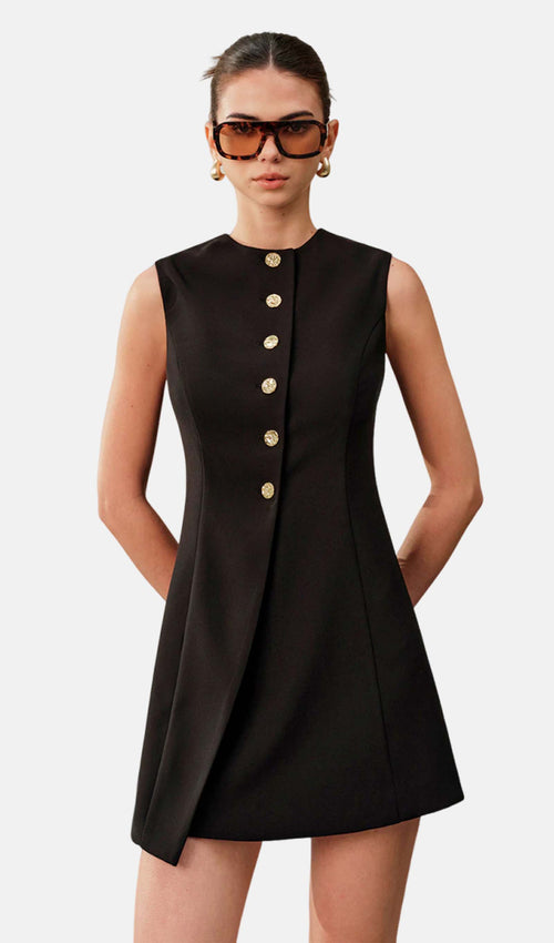 Asymmetrical Tie Back Metal Button Mini Dress