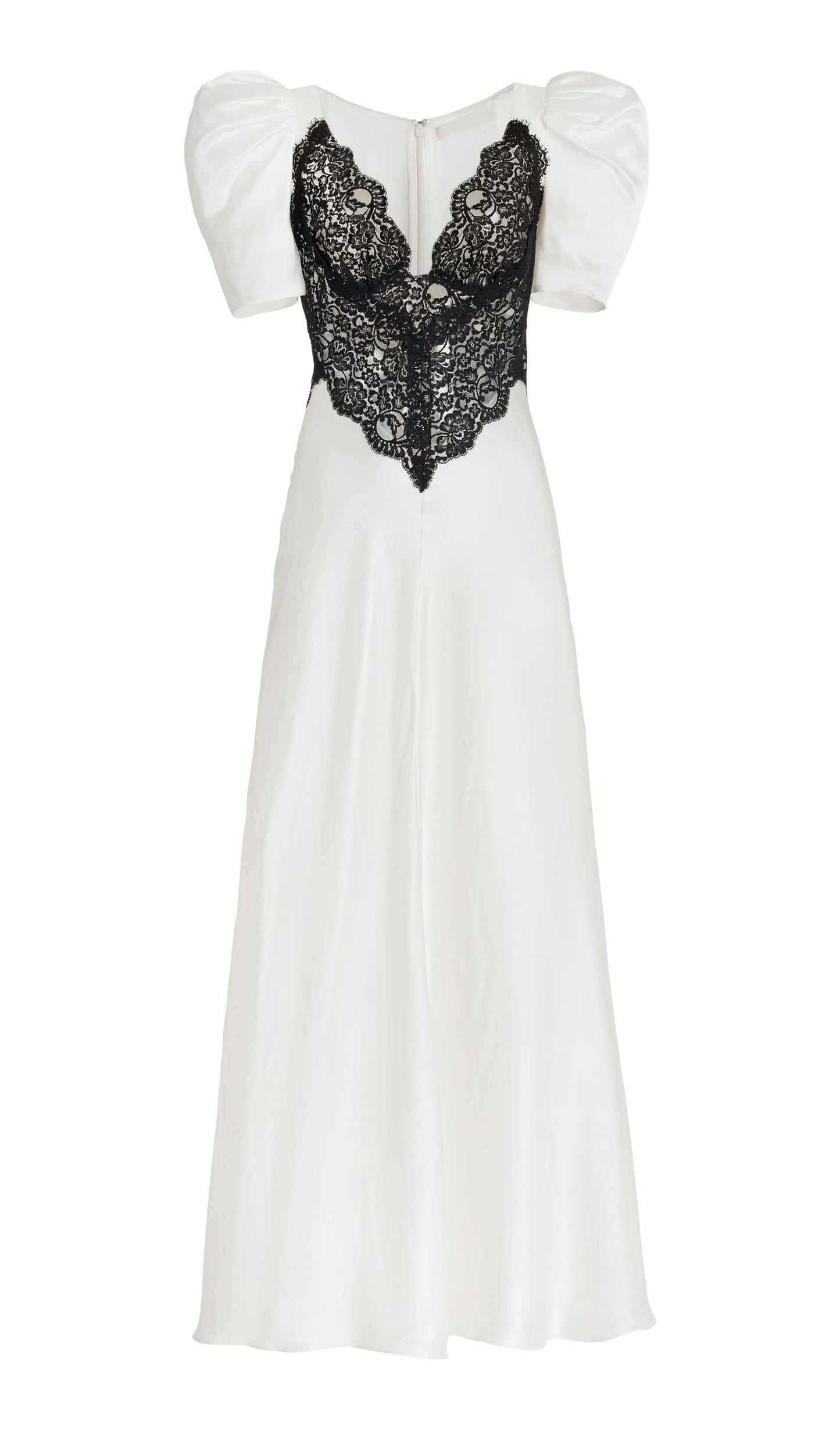 Lace Trimmed Puff Sleeve Silk Maxi Dress