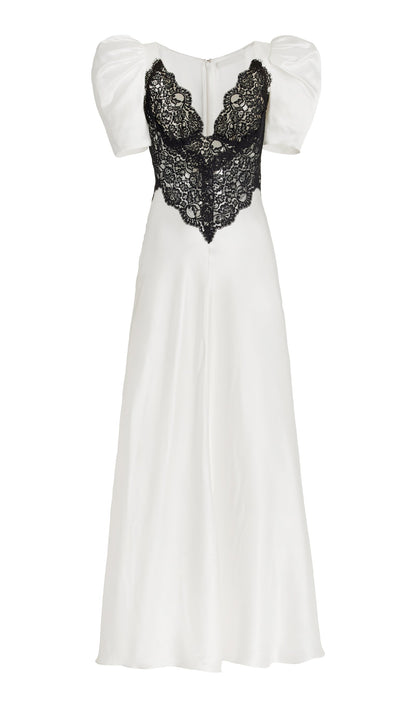 Lace Trimmed Puff Sleeve Silk Maxi Dress