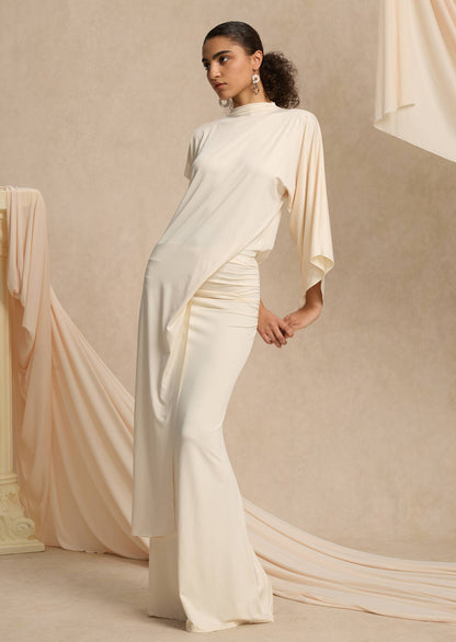 Asymmetrical Blouse & Maxi Skirt With Draped Set