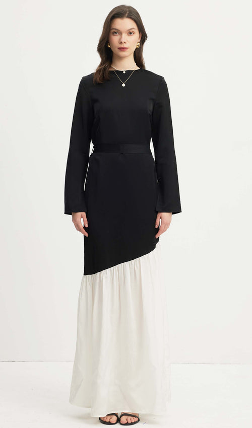 Asymmetrical Black/White Colorblock Maxi Dress
