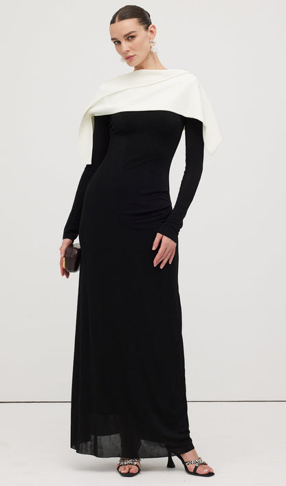 Asymmetrical Draped Shoulder Pleat Maxi Dress