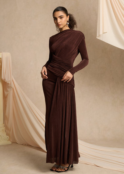 Asymmetrical Maxi Dress With Draped Hip In Brown