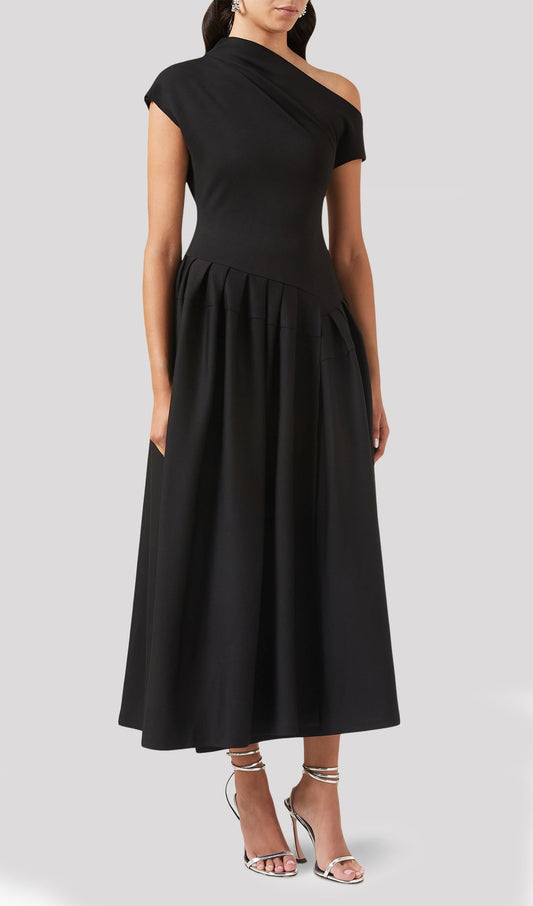 Asymmetry One Shoulder Jersey Midi Dress In Black