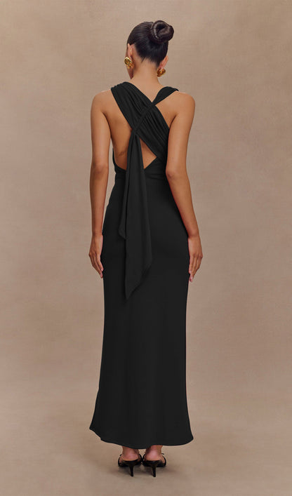 Asymmetrical Scuba Jersey Maxi Dress Black